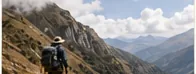 A backpacker walking a ridge above a mountain valley