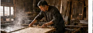 A traveller visiting a Xuan paper workshop in Jing County